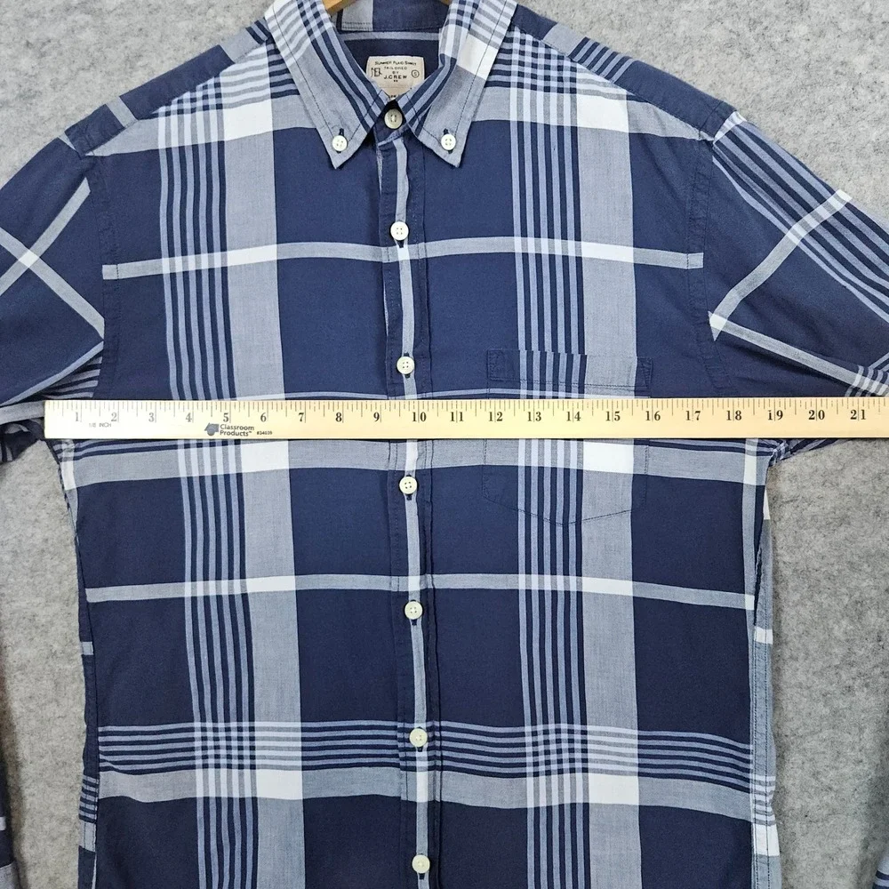 J Crew Summer Plaid Shirt Men's Size S Button Down Cotton Blue White Casual HOLE